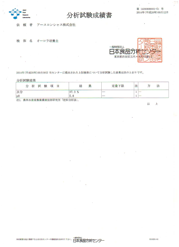 オーロラ培養土、pH、分析結果